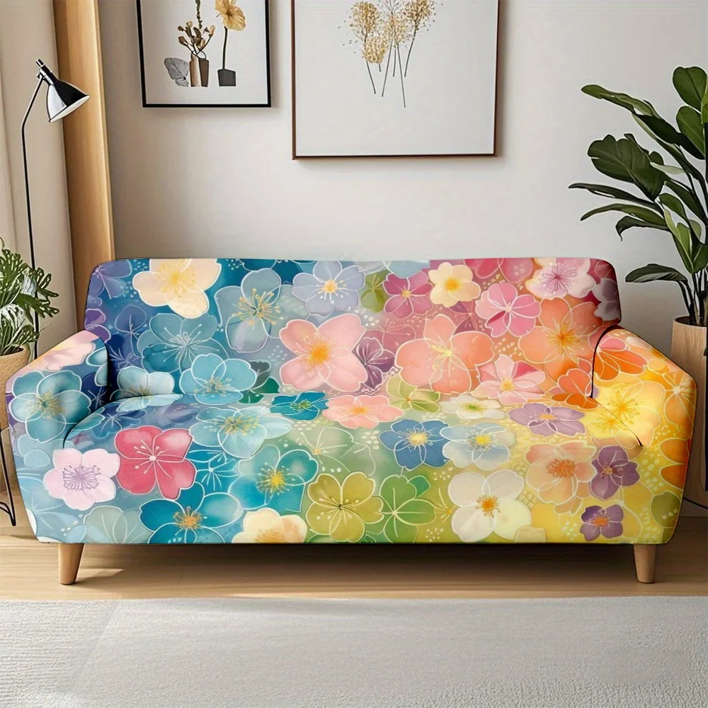 1pc Watercolor Colorful Flower Print Stretch Sofa Cover, Removable Couch Slipcover for Spring Home Decor