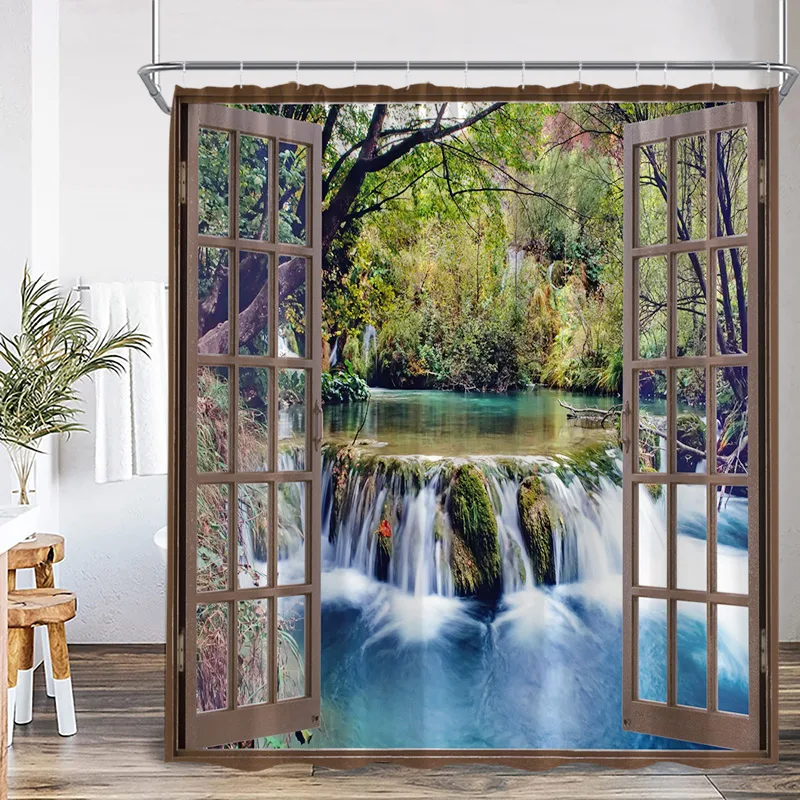 Waterfall Landscape Shower Curtain Window Outside Forest Lake Green Plant Nature Scenery Polyester Home Bathroom Curtains Decor