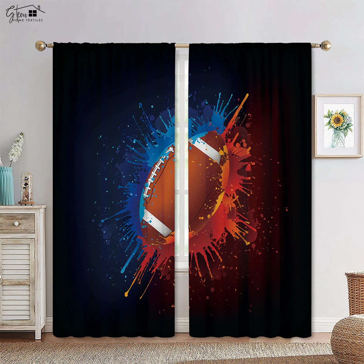 Basketball Football in Water and Fire Black Print Curtain Rod Pocket Machine Washable Bedroom Living Room Decorative Curtains