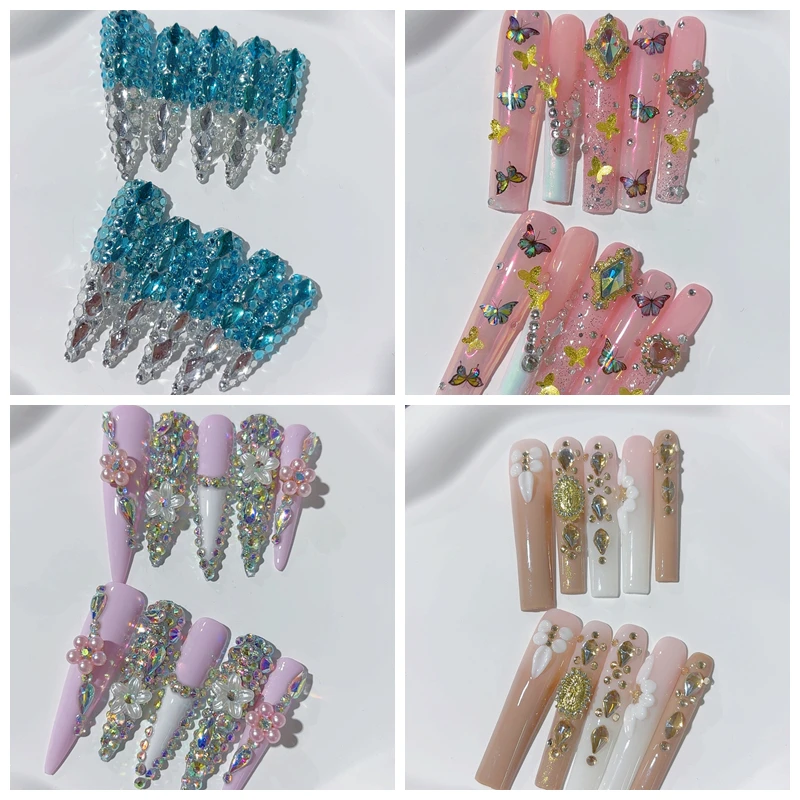 Wholesale Handmade XXXL Long 10PCS Press On Nails Y2K Bling Rhinestone Long Stiletto Square False Nails Reusable Fake Nail