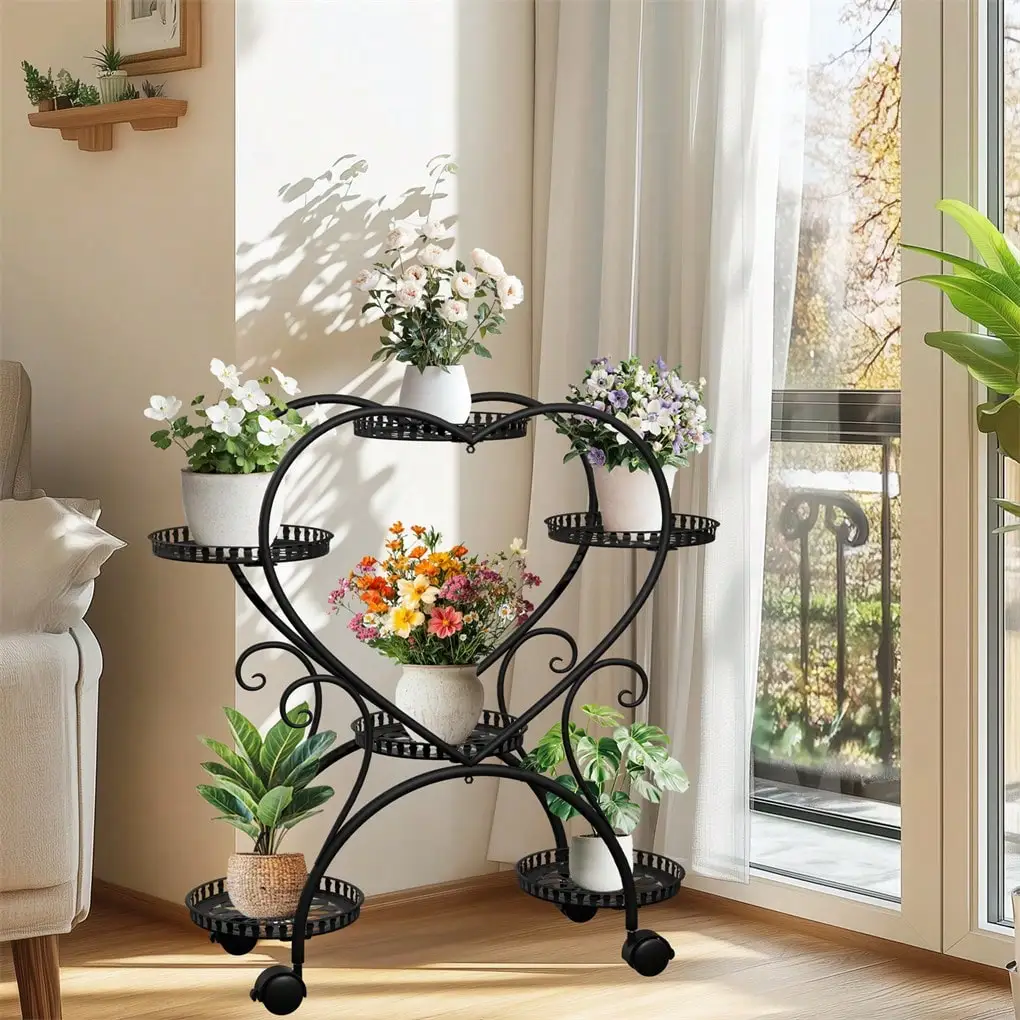 Vertical Plant Stand: 6 Potted Heart-Shaped Metal Plant Stand On Wheels Garden Cart Flower Pots Organizer Rack For Patio, P