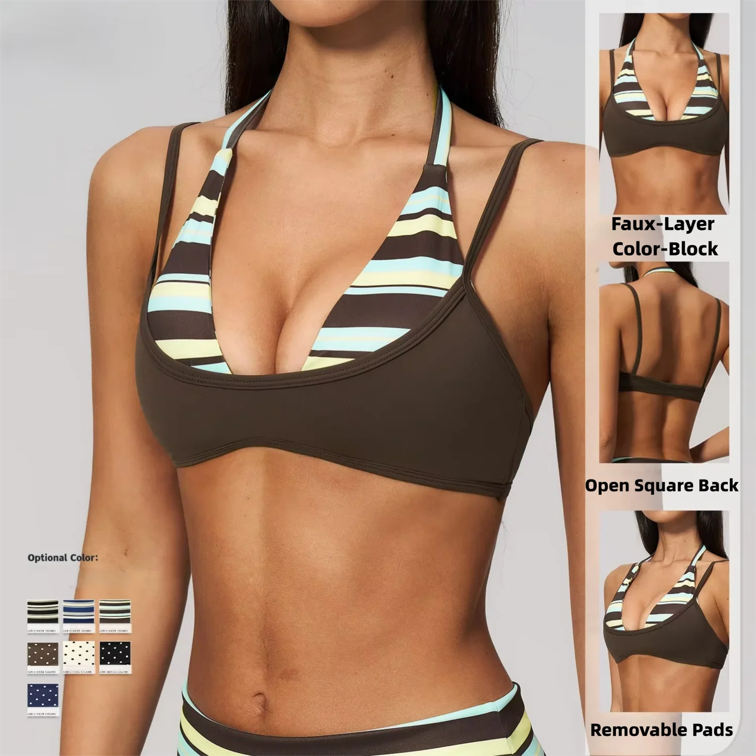New  Mock Two Piece Yoga Bra Women Summer Color Block Halter Sports Top Multi-way Straps Workout Tank Gym Fitness Cropped Cami