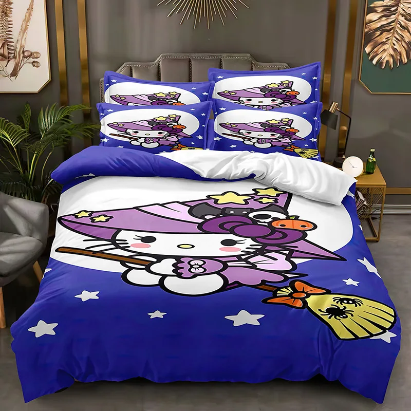 Cute Cartoon Hello Kitty Printed Home Wygodny zestaw pościeli Miękka trzyczęściowa poszewka na kołdrę Dziewczyna Dorosły Pełny rozmiar