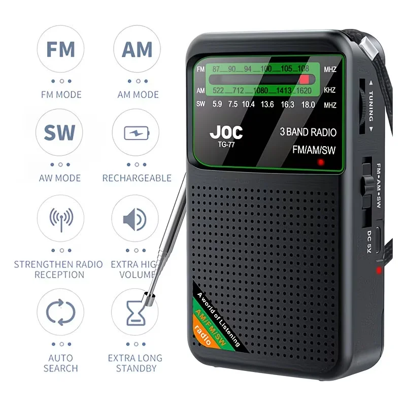 Portable AM/FM/SW Radio, Rechargeable Mini Pocket Radio with Long Range Reception & Earphone Jack for Home, Outdoor, Emergency