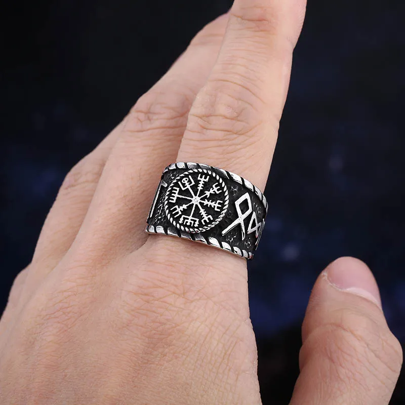 2024 New Vintage 316L Stainless Steel Viking Vegvisir Compass Odin Ring Punk Women Men Unisex Axe Valknut Jewelry For Party Gift