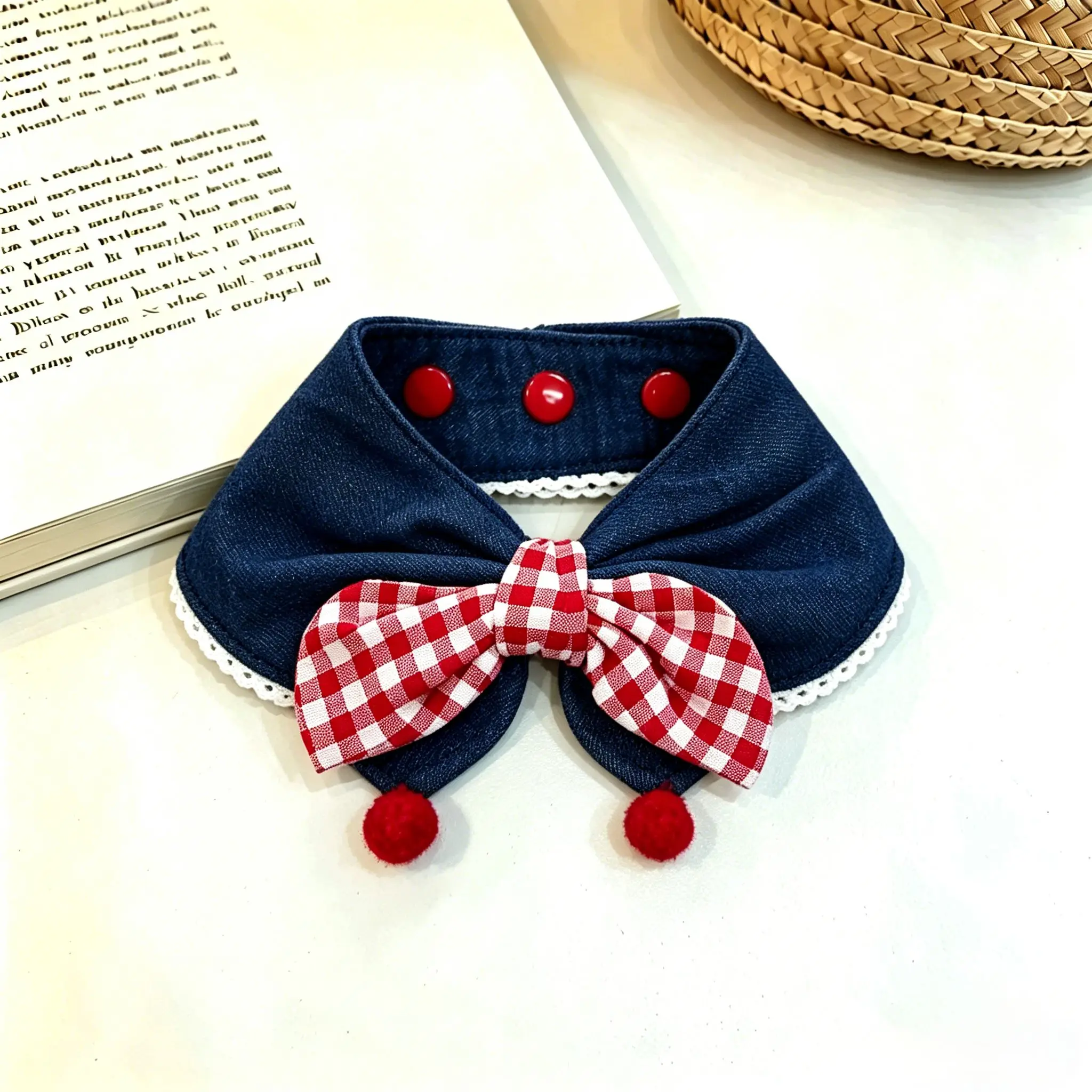 Navy Faux Denim Pet Collar Bib Red Gingham Bow Lace Trim Pom Pom Snap Buttons Daily Wear Outdoor Walk Birthday Pet Photo Gift