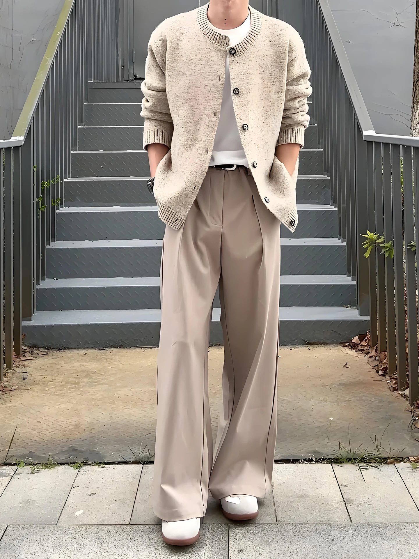 

Khaki A-Line Wide Leg Pants Men's Spring Casual Trousers Drapey Folded Cuff Comfortable Fit High Waist Straight Cut Pants