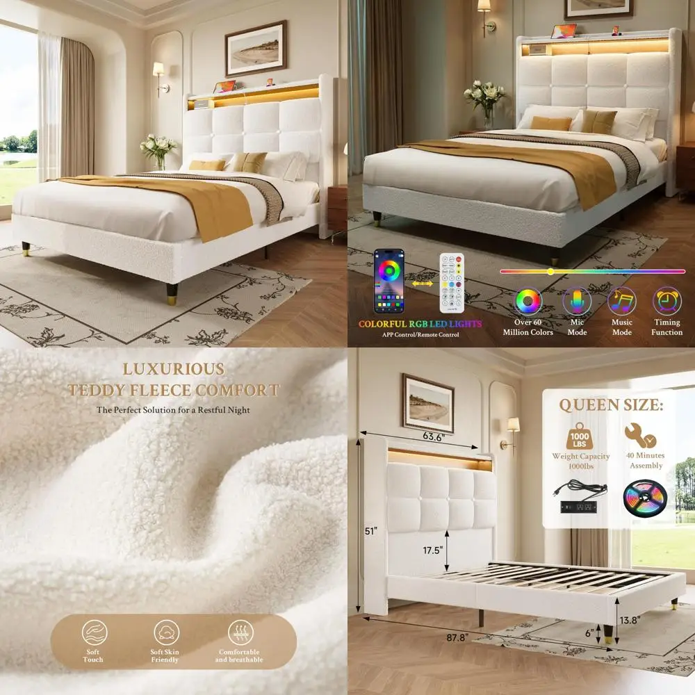 

High-Rise Plush Wingback Bed Frame with Tufted Headboard, LED Lighting, and USB/Type-C Charging Ports