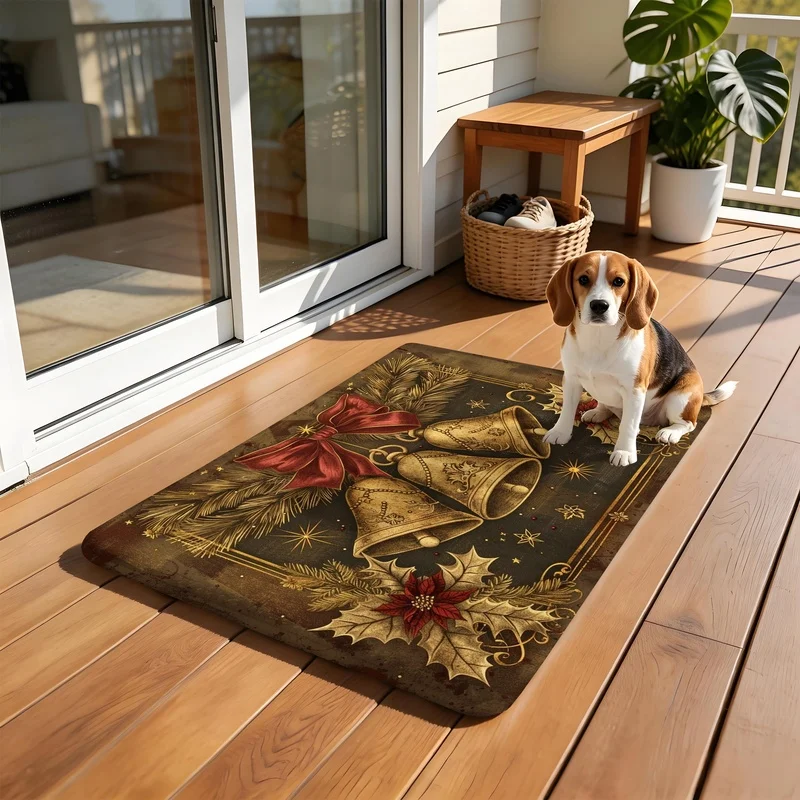 Vintage Christmas Bell Doormat Retro Poinsettia Pine Branch Non Slip Entrance Mat Home Holiday Decor Floor Rug