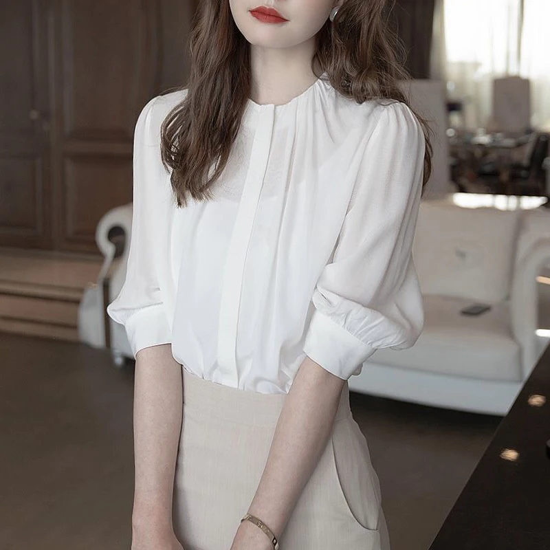 Women\'s Korean Fashion Ruffled White Short Sleeve Shirt Office Lady Elegant Business Casual Blouse Summer O Neck Loose Chic Tops