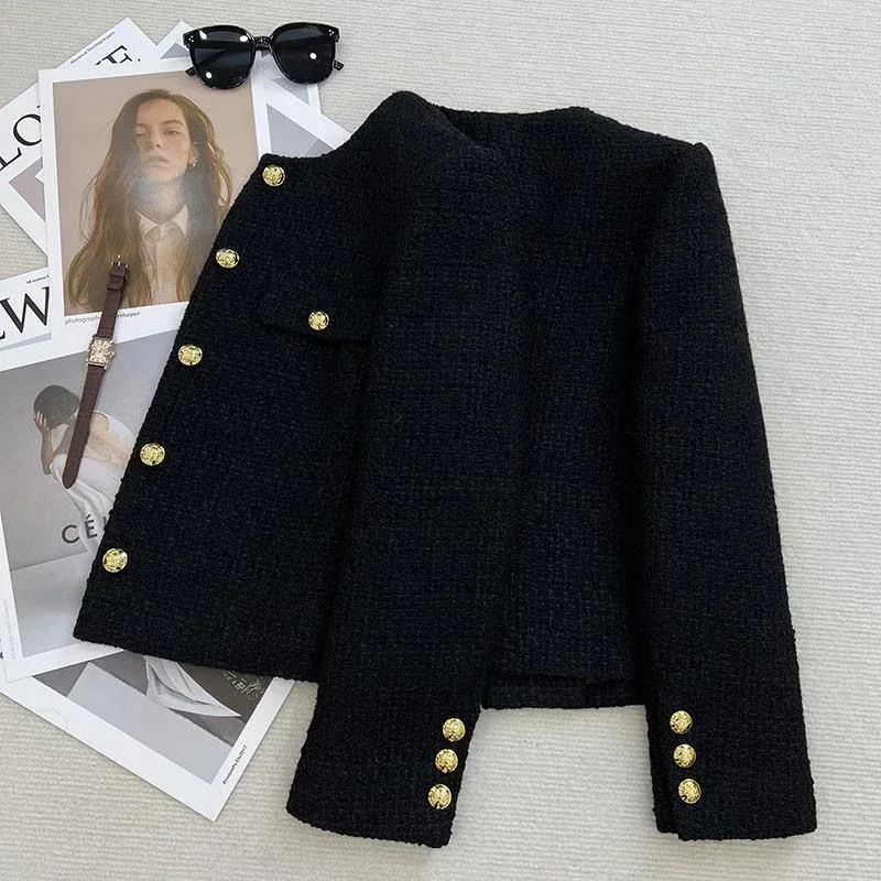 Black Tweed Jackets for Women Fashion Vintage Metal Buckle Design Short Coat Women Korean Elegant Single Breasted Outerwear New