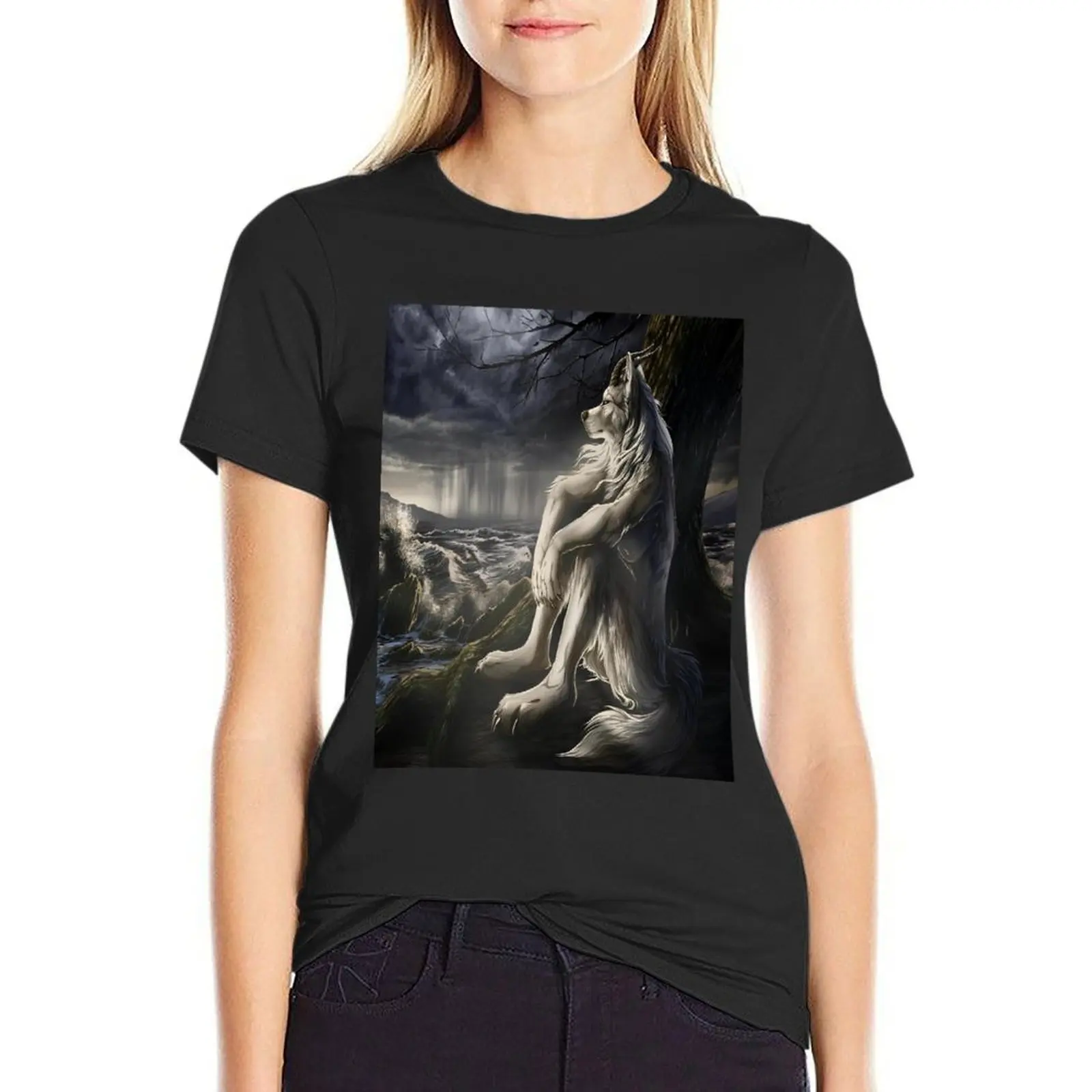 

werewolf sitting meme T-shirt oversized anime clothes graphic t-shirts for Women