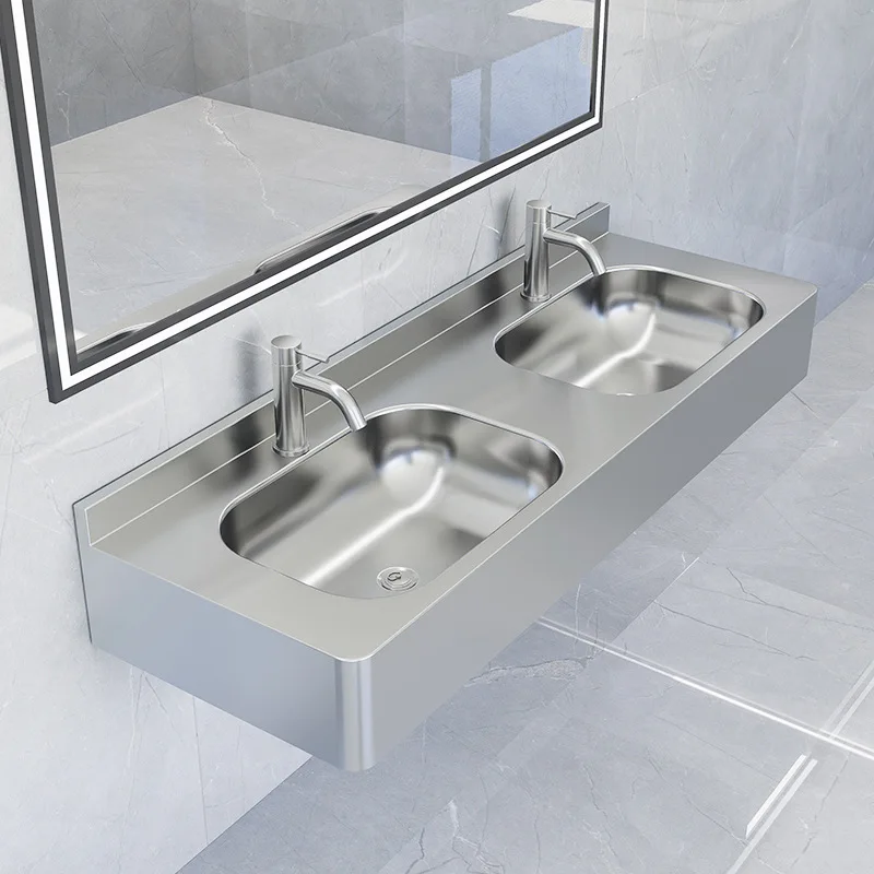 Stainless steel public bathroom double basin wash basin wall-mounted wall-mounted sink wash basin wall-mounted