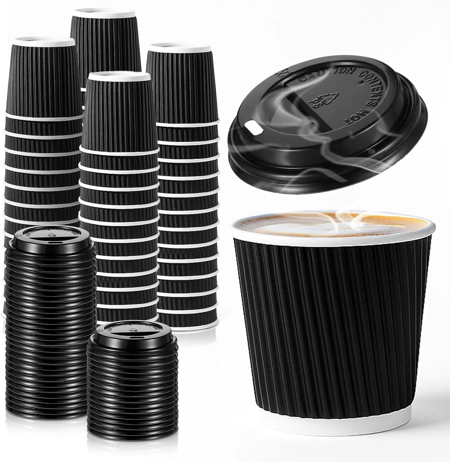 

100 Set 4oz Disposable Espresso Cups with Lids, Black Ripple Corrugated Paper Disposable Mini Espresso Paper Cups Hot/Co