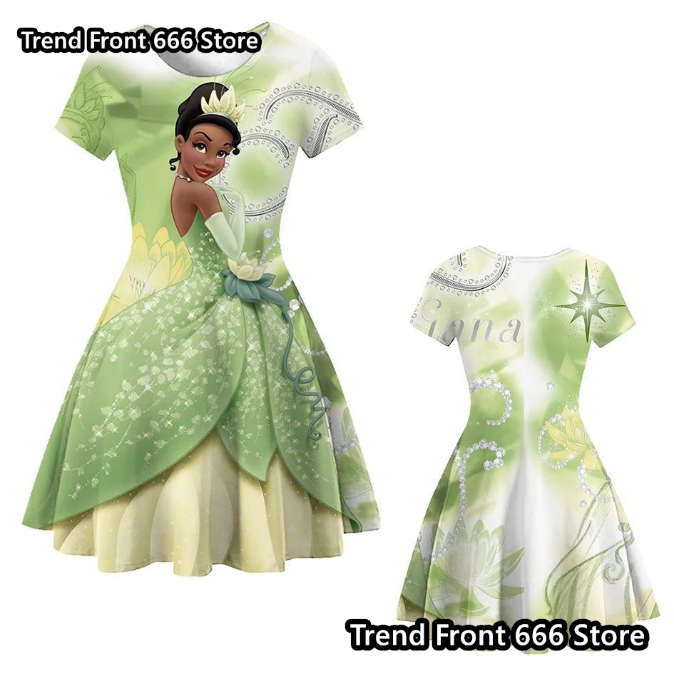 24/25 New Princess Tiana Cartoon Girls Dress Disney Princess Children\'s One-piece Knee Length A-line Short Sleeve Skirt