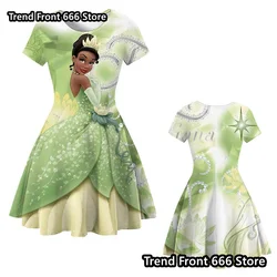 24/25 New Princess Tiana Cartoon Girls Dress Disney Princess Children's One-piece Knee Length A-line Short Sleeve Skirt