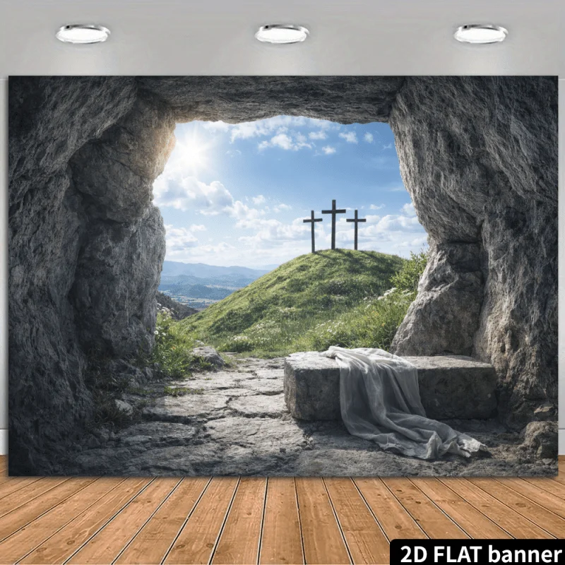 Empty Tomb Three Crosses Easter Tapestry Christian Resurrection Scene Church Decor Faith Based Wall Art Hope RedemptionSymbolism