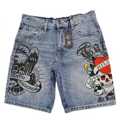 Y2K novedad de verano, moda Retro con estampado de letras y calaveras, pantalones cortos vaqueros de gran tamaño para mujer, pantalones cortos góticos Harajuku de cintura alta, pantalones cortos informales Joker