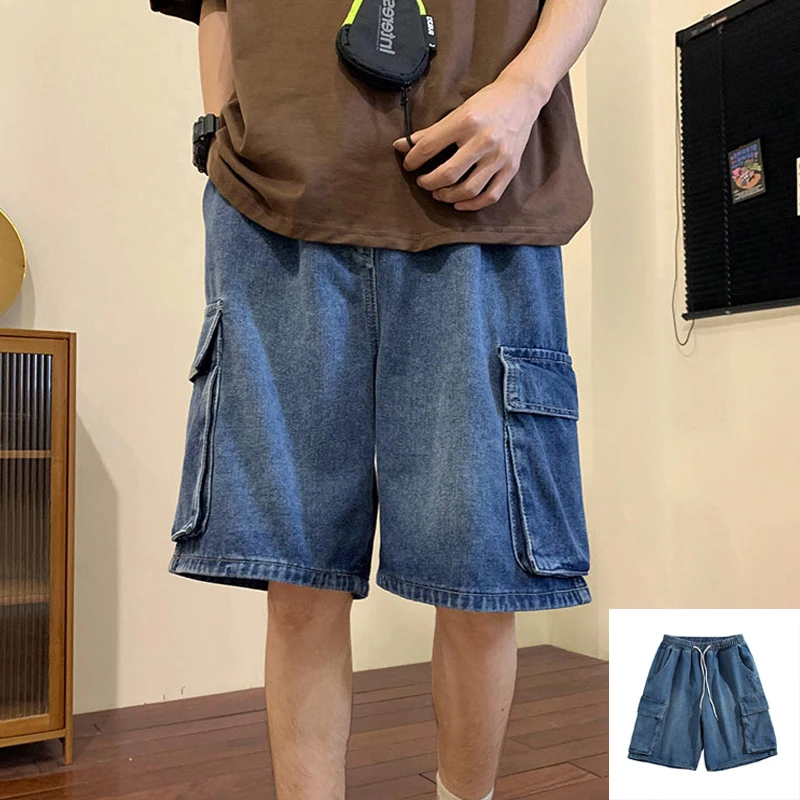 Pantalones cortos de mezclilla para hombre, ropa de calle Vintage coreana Harajuku, pantalones vaqueros con bolsillo, pantalones Cargo de Hip Hop,