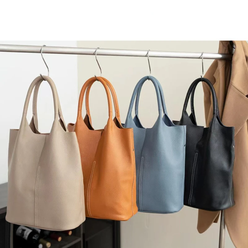 Korean Style Large Capacity Casual Tote Soft Leather Women\'s Bag Top Layer Cowhide,ladies\' Simple Shoulder Portable Underarm Bag