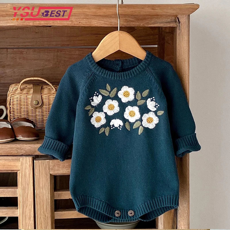 

Newborn Girls Rompers Knit Autumn Baby Girl Rompers Girl Long Sleeves Knit Flower Embroider Rompers Winter Baby Girl Clothes