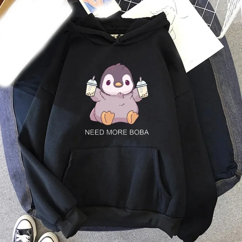 Cute Penguin Boba Tea Print Hoodie Hoodie Oversized Hooded Sweatshirt Pullover Boys and Girls Universal Sportswear Clothing