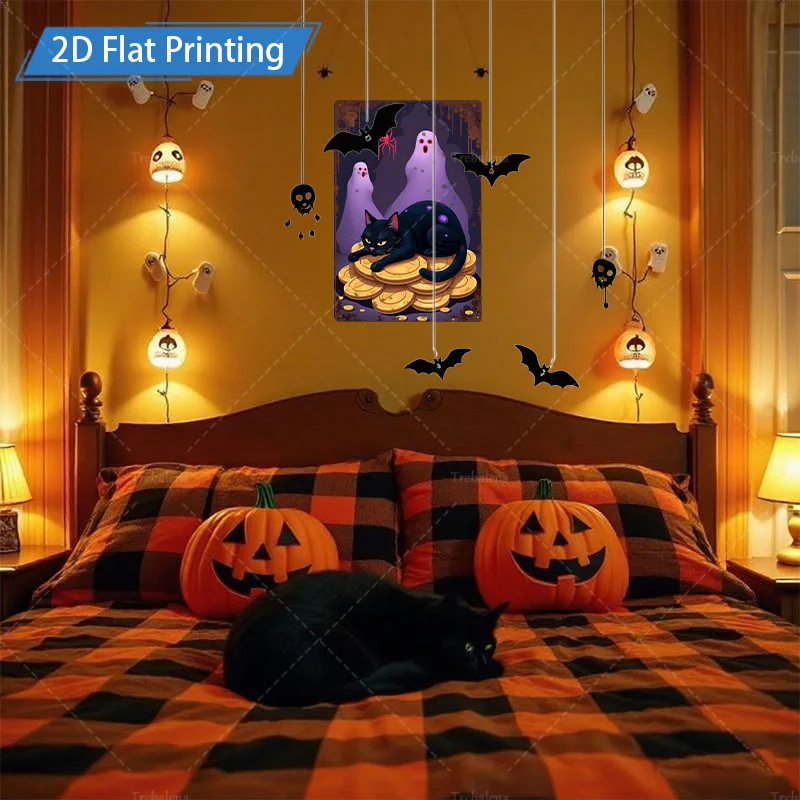 1 قطعة 8x12 بوصة علامة معدنية للهالوين القط الأسود والأشباح على العملات الذهبية المعدنية جدار ديكور فني #3