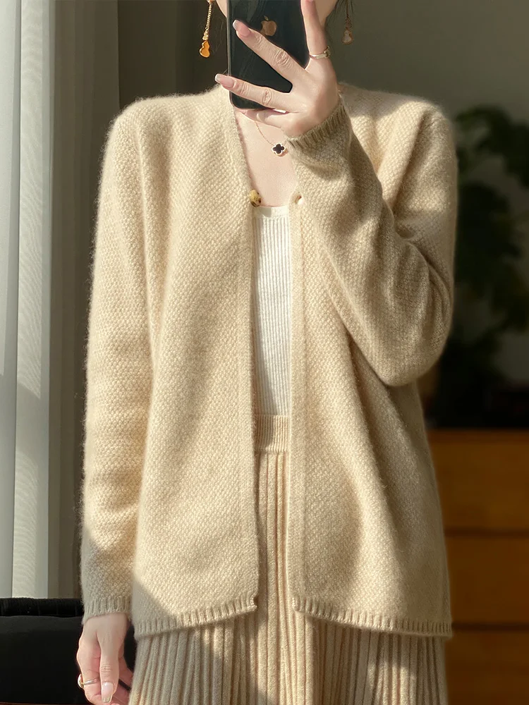 New Spring Autumn Women\'s V-neck Cardigan Pure Color Grace Soft Sweater 100% Merino Wool Knitwear Korean Style Loose Basic Cloth