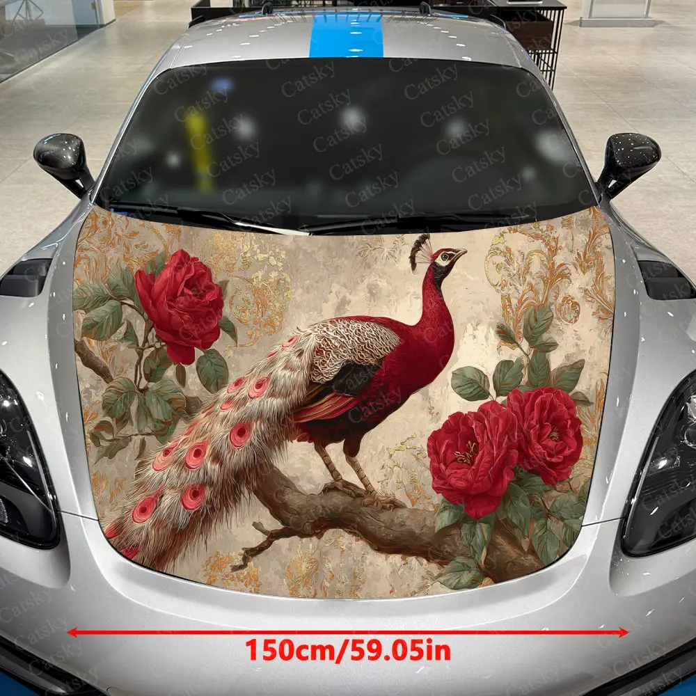 Gilded Peacock Shadow Car Vinyl Wrap, PVC Waterproof Car Hood Sticker, Self-Adhesive Scratch-Resistant Stickers