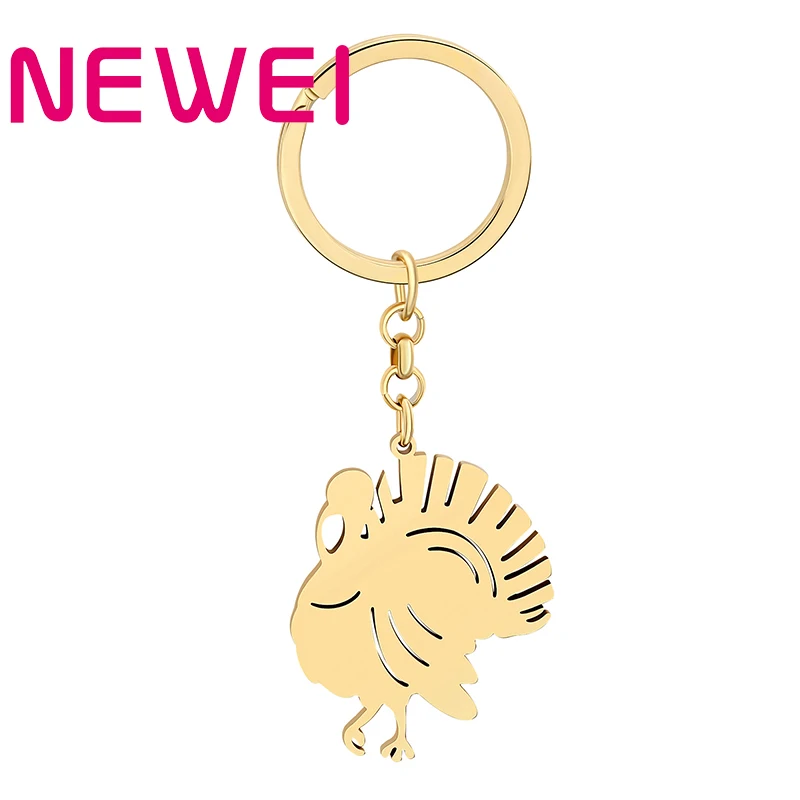 NEWEI Thanksgiving Stainless Steel Gold-plated Turkey Keychains Sweet Animals Key Rings Jewelry For Women Grils Bag Charms Chain