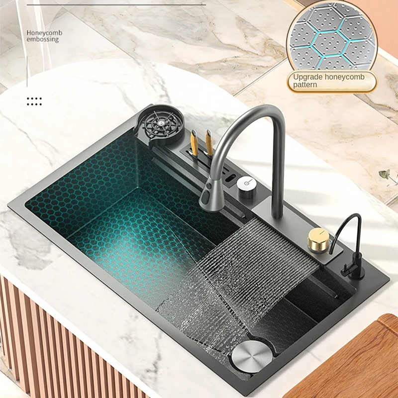 

Feiyu Waterfall Kitchen Sink Embossed Honeycomb 304 Stainless Steel Large Single Slot Vegetable Washing Basin Dishwashing Pool