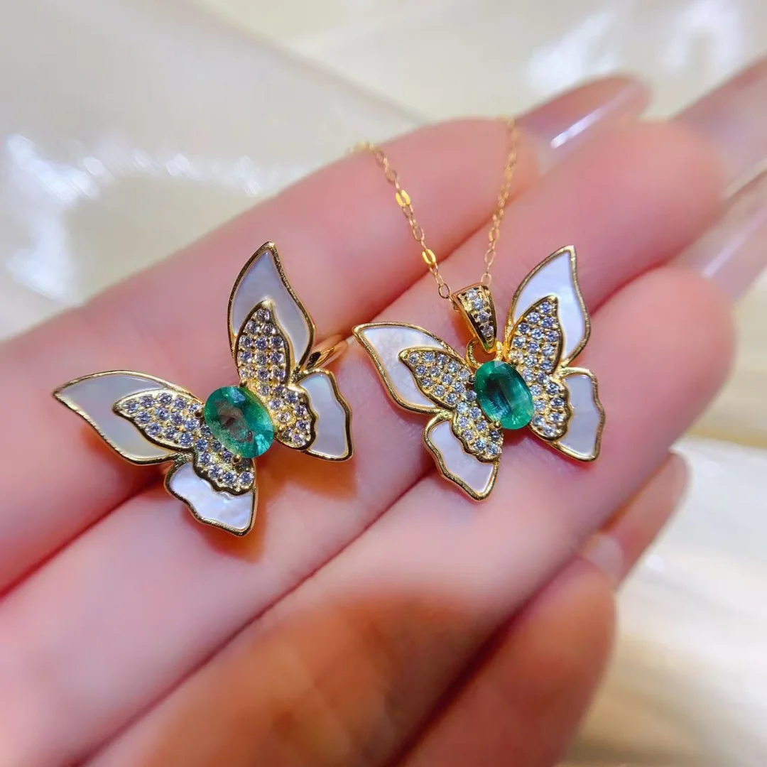 Natural Emerald Set Ring and Pendant S925 Pure Silver Fashion Jewelry Glossy Gem Delicate Ladies Daily Wear Jewelry