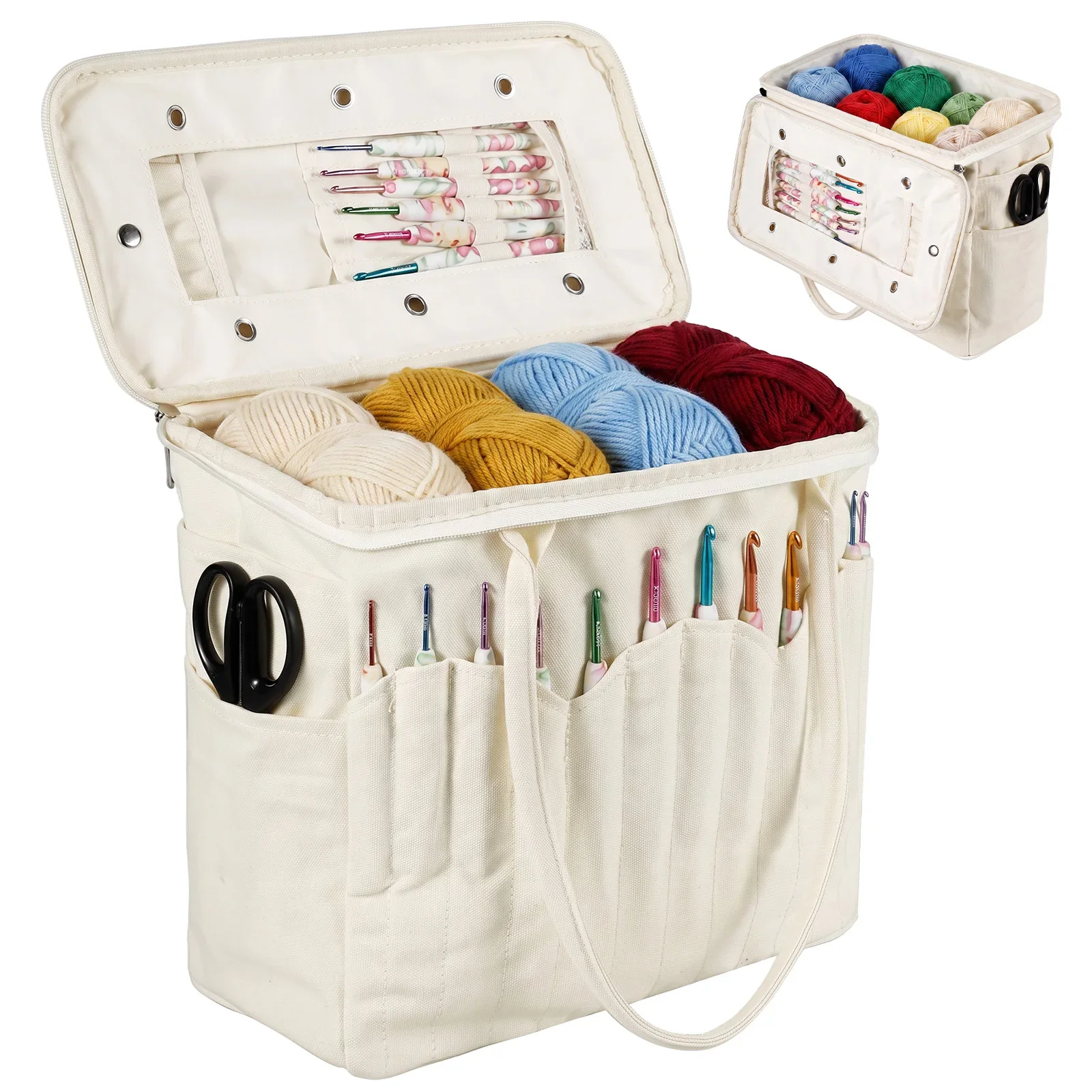 Crochet Yarn Storage Bag with Multiple Pocket Multifunctional Knitting Tote Bags Large Capacity DIY Needle Arts Craft Yarn Bag