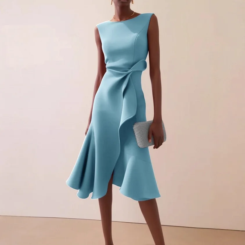 

2026 Women Sleeveless Solid Color Round Neck Midi Dress Elegant Slim Fit Formal Party Outfit Fashion New Arrival