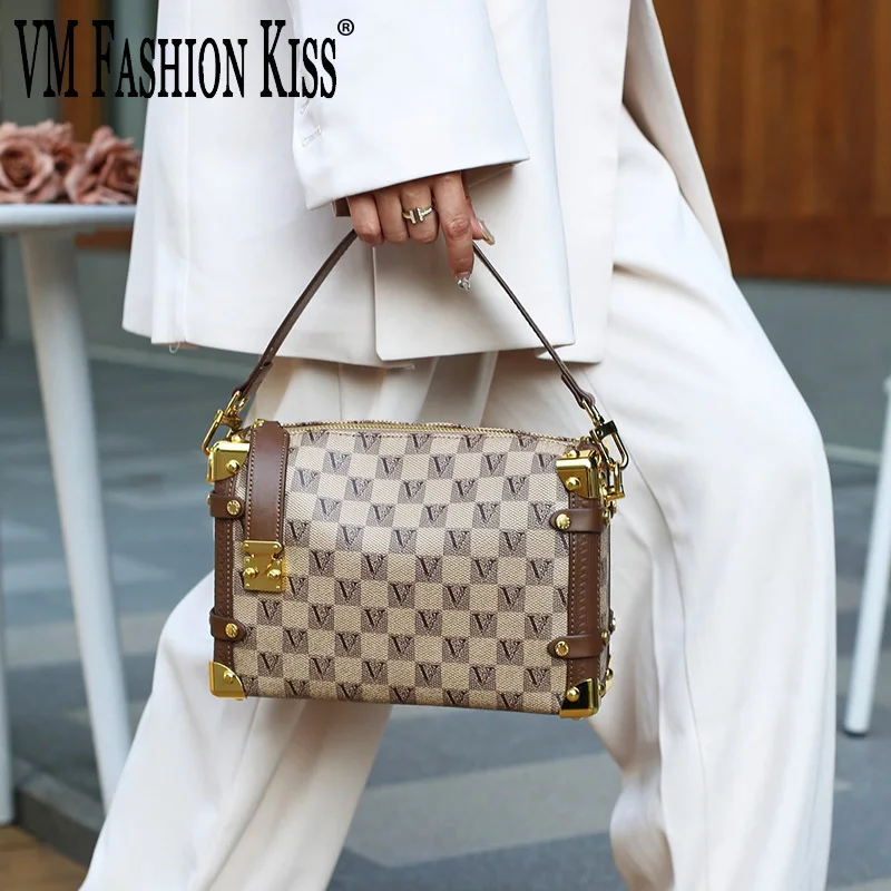 Box Type Luxury Design Letter Printed Women\'s Bag Microfiber Fabric Ladies Handbag Metal Plate Decorated Shoulder Crossbody Bag