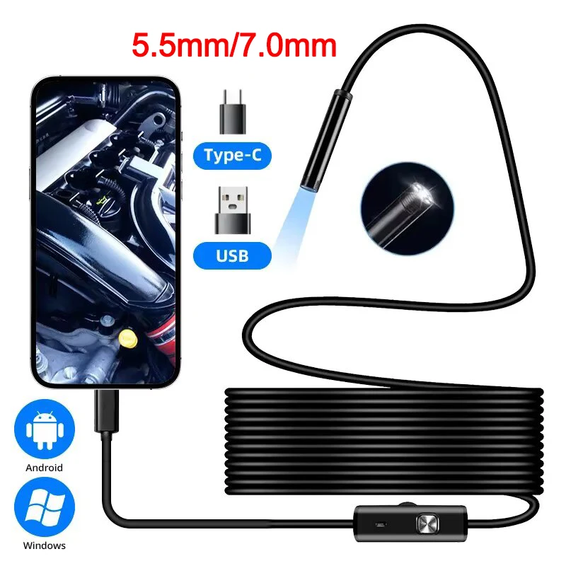 5.5/7.0MM Type-C Endoscope Camera  with 6 Adjustable LEDs USB Android Flexible Inspection Borescope for Phone PC