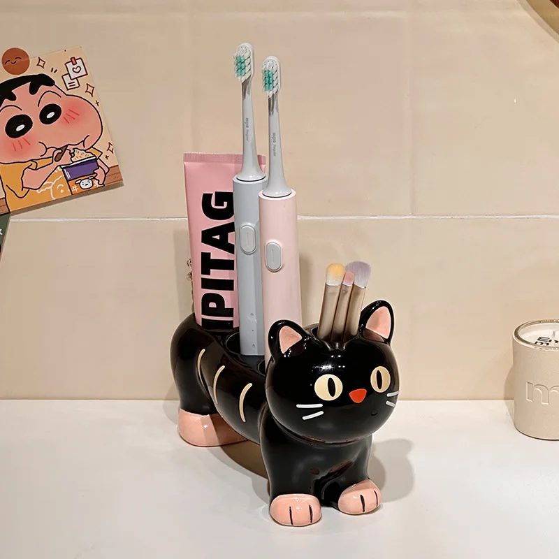 Creative Black Cat Shape Ceramic Toothbrush Holder Ornaments Bathroom Washstand Toothpaste Toothbrush Storage Rack Decoration
