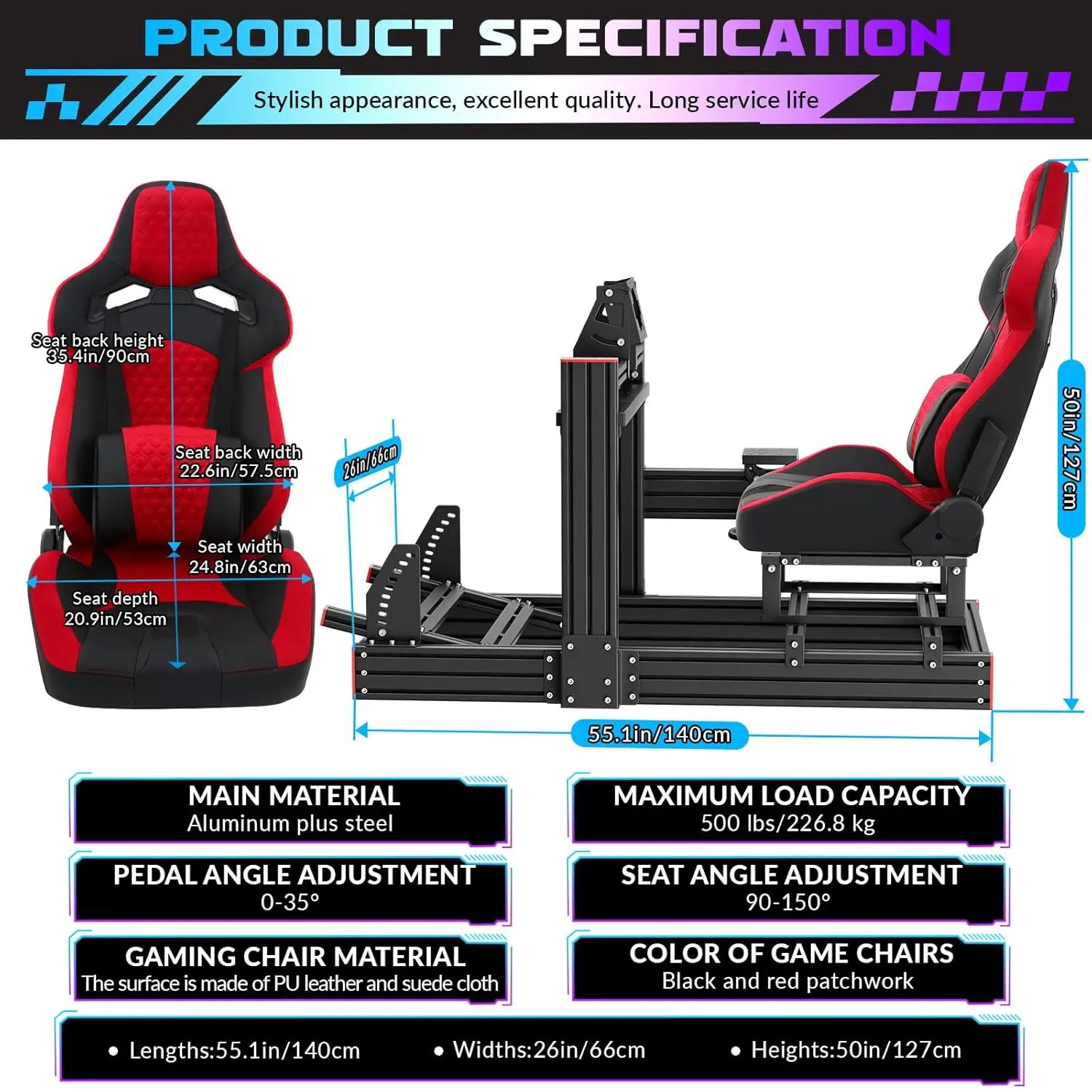 Racing Simulator Cockpit Stand, Elite Series Seats, Adj. Wheel Mount, Fits G29/G920/G923/T-Series, Wheel/Pedals/Shifter Not Inc.