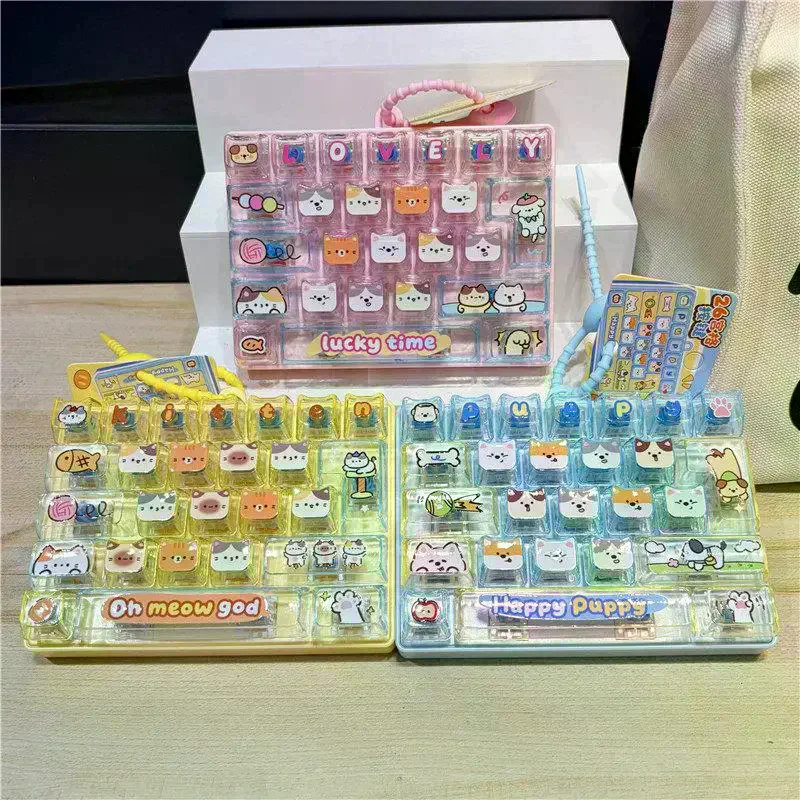 Keys Cute Mini Keyboard Fidget Keychain, Transparent Cat Dog Patterns Stress Relief Toy Ornament Bag Hanging 26