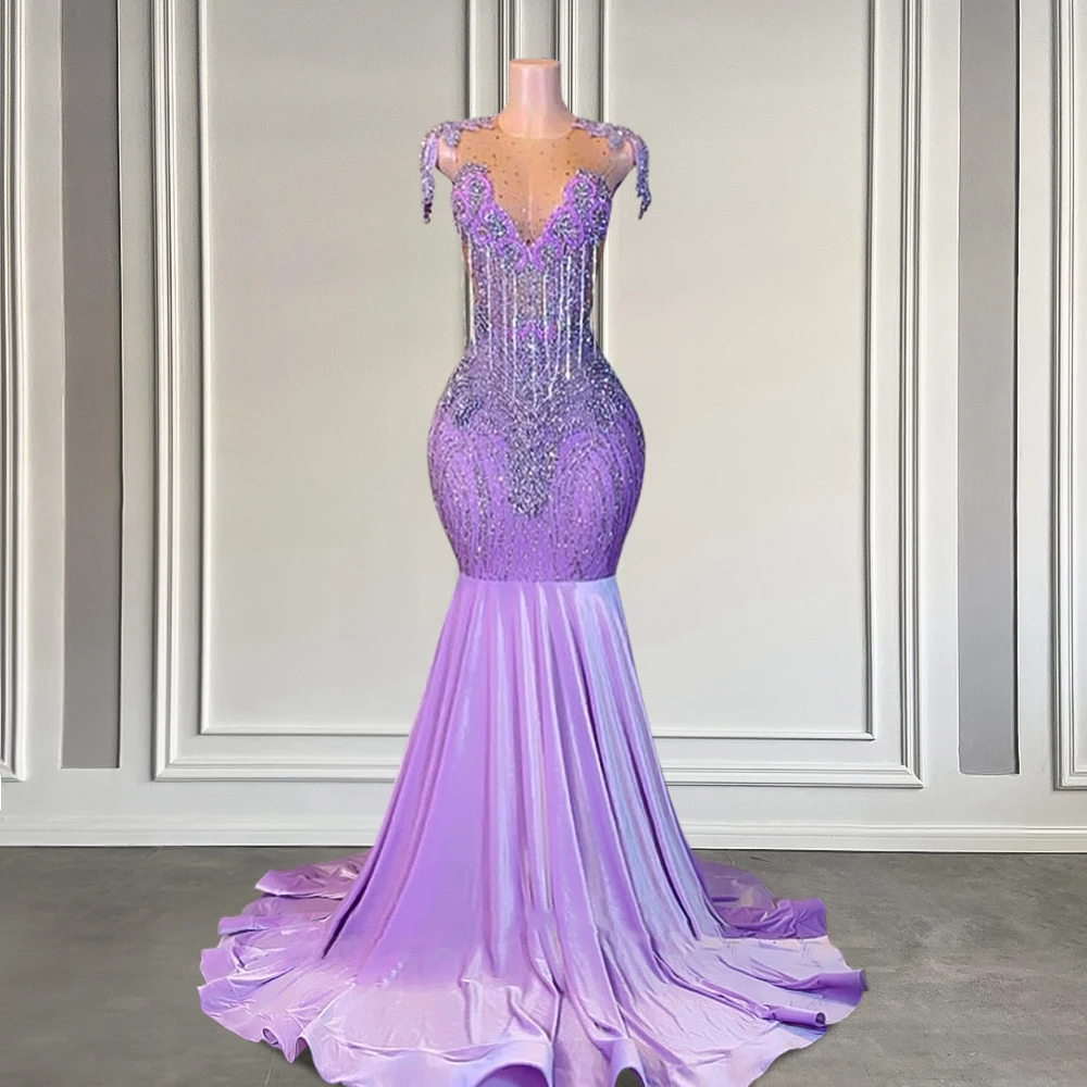 

Romantic Purple Crystals Fringe Long Prom Dresses 2025 Sheer Mesh Rhinestones Luxury Mermaid Black Girls Prom Gowns Customized