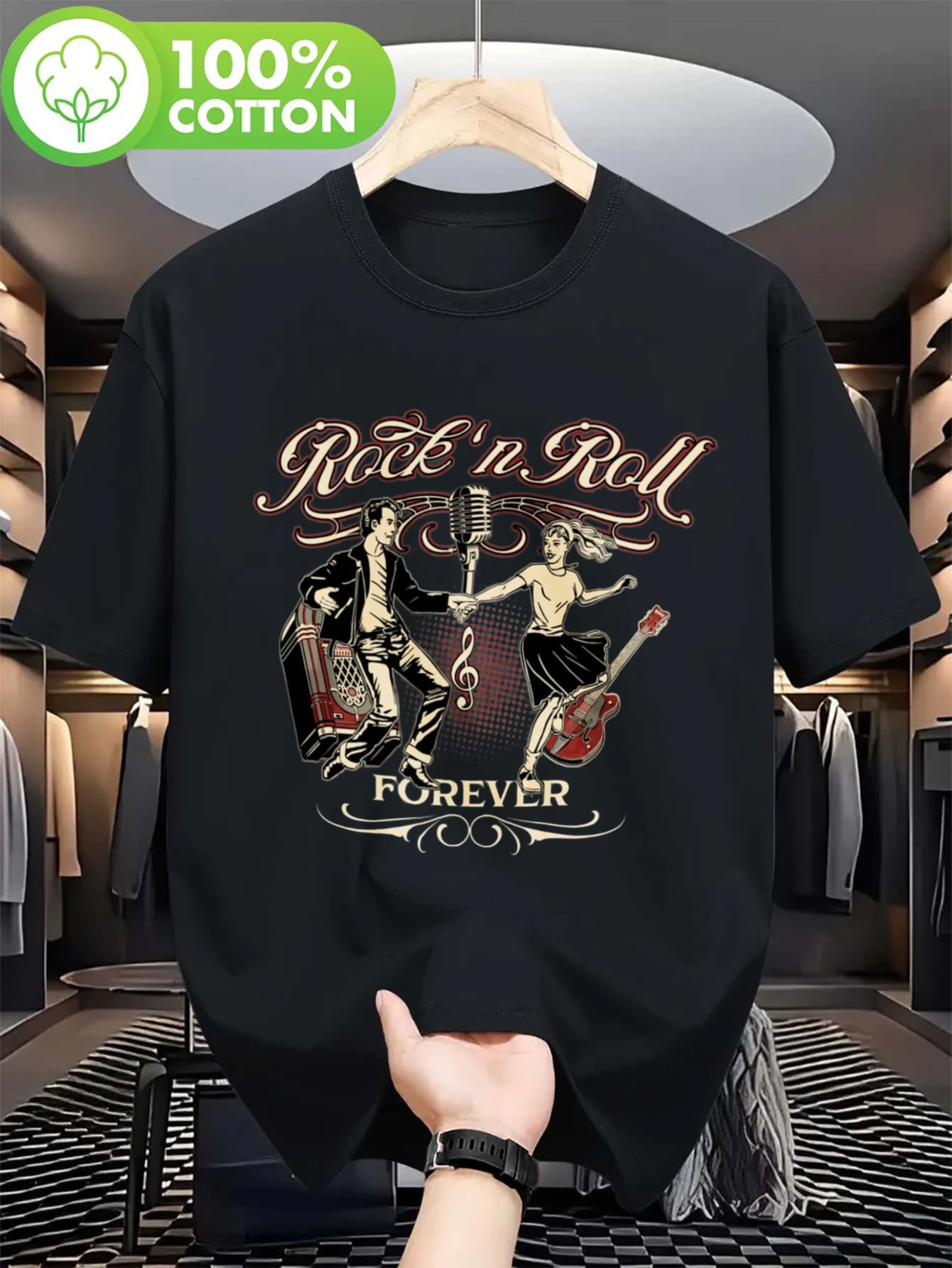 Men's Retro Rock Abilly Pattern T-shirt | Guitar Microphone Rock Music Eternal Design Summer Casual Wear Outdoor Sports