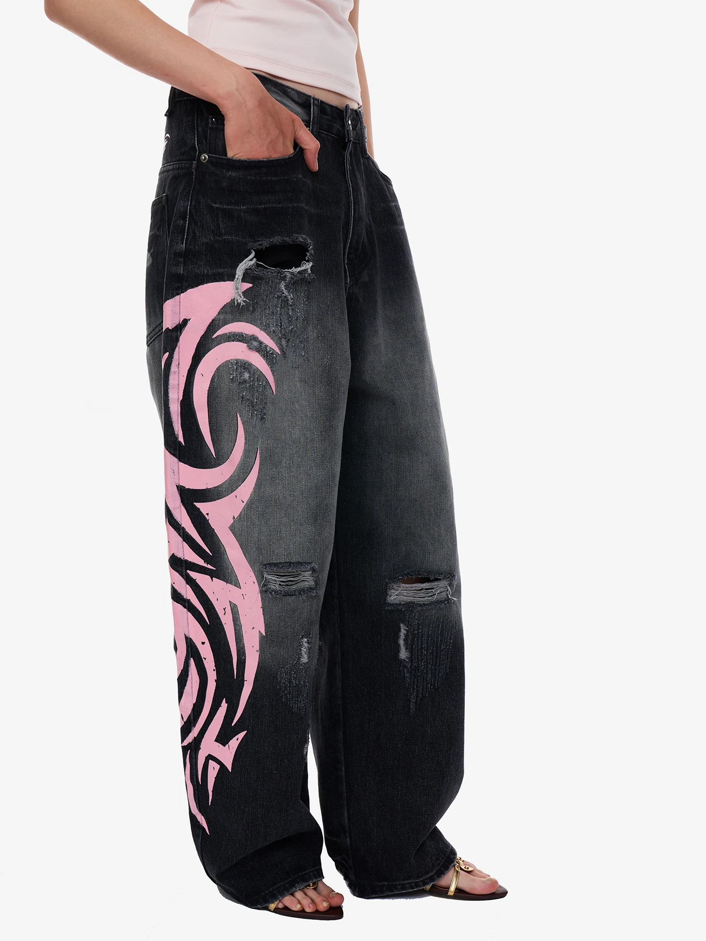Jeans in denim larghi a gamba larga da donna Y2K Millennium Trendy Print Hole Casual Sle l Jeans in vita da donna Faion