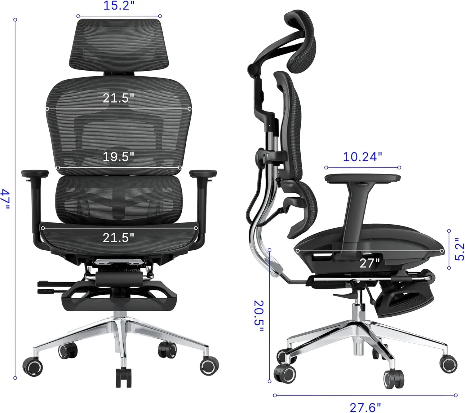 Ergonomischer Bürostuhl aus Mesh mit verstellbarer 3D-Armlehne, verstellbarer Kopfstütze mit hoher Rückenlehne und verstellbarer Lordos stütze