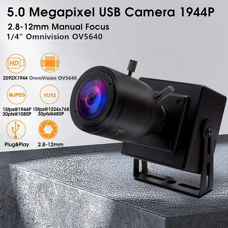 Manual Zoom Focus OV5640 USB Webcam, 2.8-12mm Varifocal Lens 1944P HD USB Camera, 5MP HD Web Camera for Video Conference