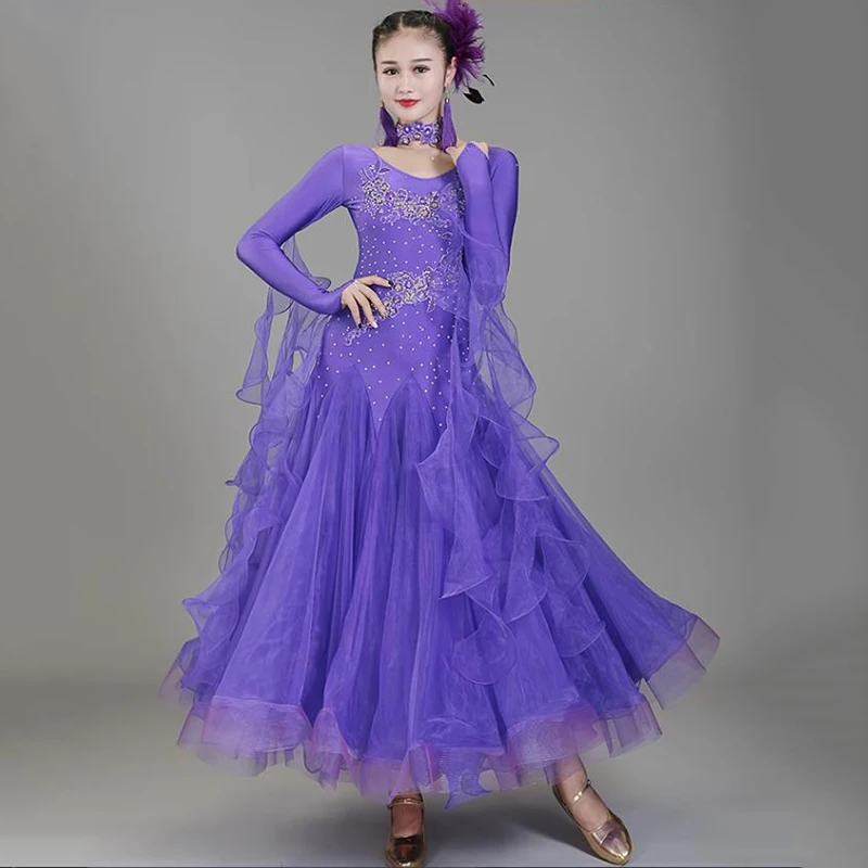 Ballroom Dance Dress Women Competition Long Sleeves Modern Costumes Big Swing Standard Party Waltz Stage Performance Clothes