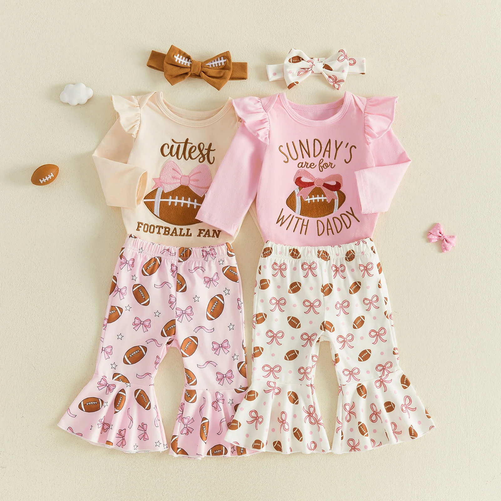 3pcs Set Baby Girls Fall Outfits Long Sleeve Romper Tops Flare Pants Headband Set Cute Baby Clothing Set