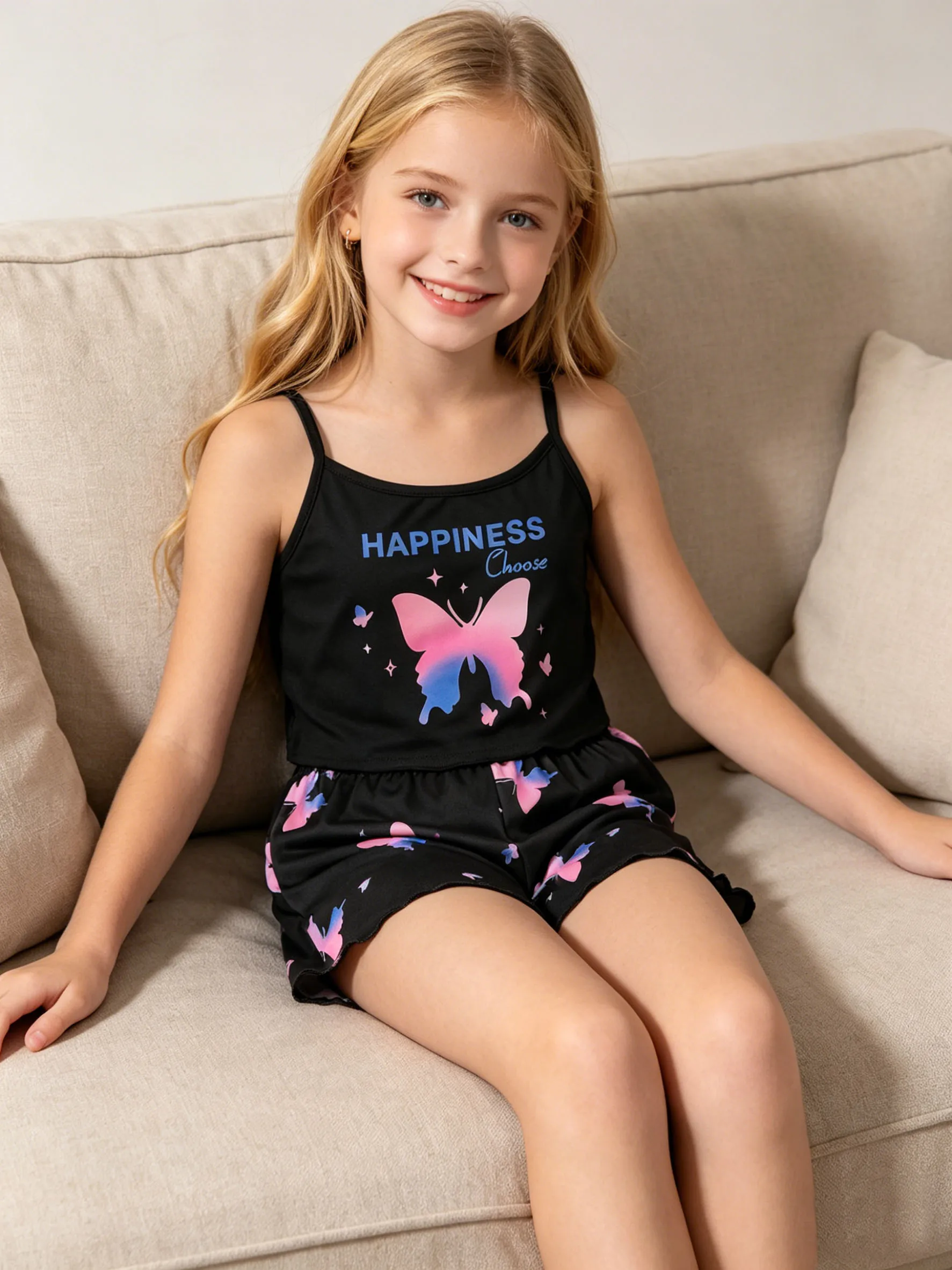 Girls' fashionable shorts for summer, girls' outdoor casual bow letter pattern top camisole vest shorts
