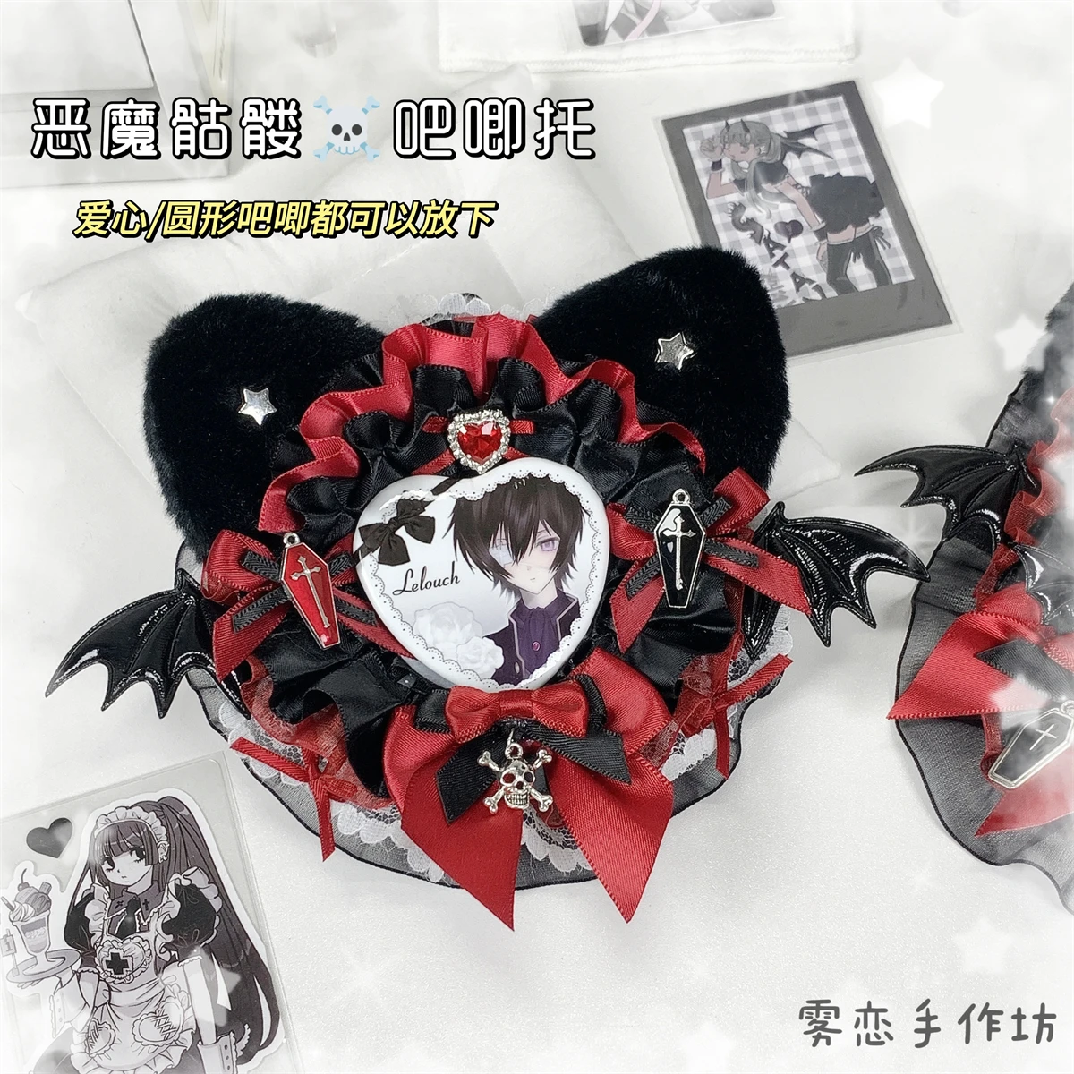 Goth Black Red Devil Skeleton Badge Holder Hand Made Lace Ribbon Card Holder Quadratic Element Card Sleeve
