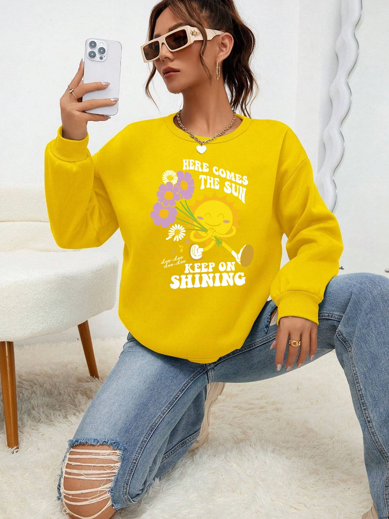 Sunflower Happy Face Art Slogan Printed Female Hoody Street Fleece Sweatshirt Hipster Hip Hop Hoodies Autumn Casual Clothing