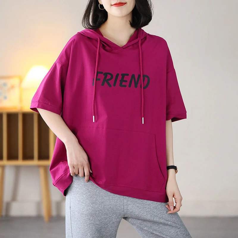 Fashion Loose Printed Letter Cartoon Hooded Sweatshirts Women Clothing 2024 Summer New Oversized Korean Tops Casual Sweatshirts